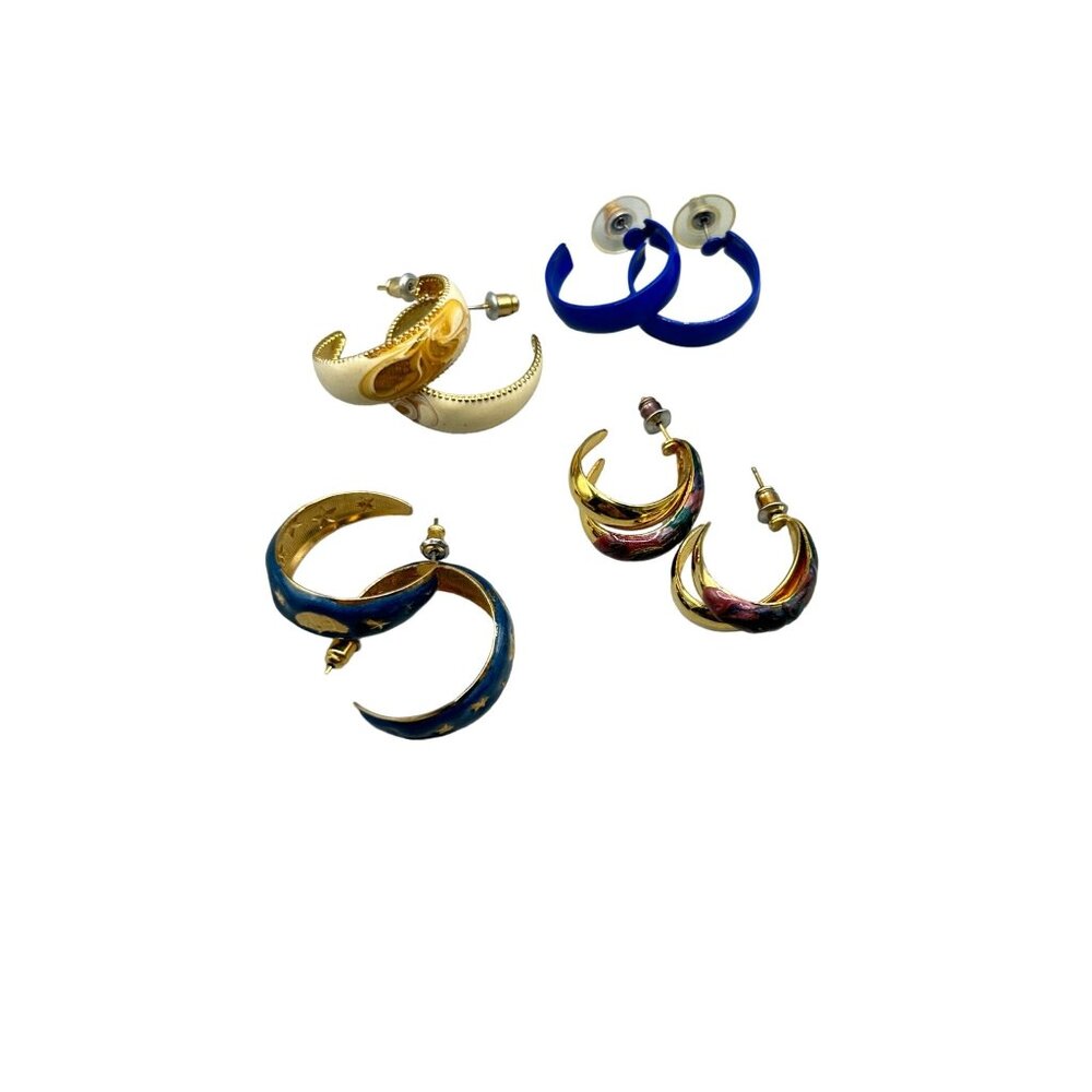 Vintage Enamel Hoops Earrings Half Open Hoops 70s Costume Jewelry Set of 4 Pairs